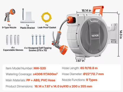 VEVOR Retractable Garden Hose Reel Wall Mounted Hose Reel Heavy Duty Garden Hose Reel with 9 Patterns Nozzle 180°Swivel Bracket