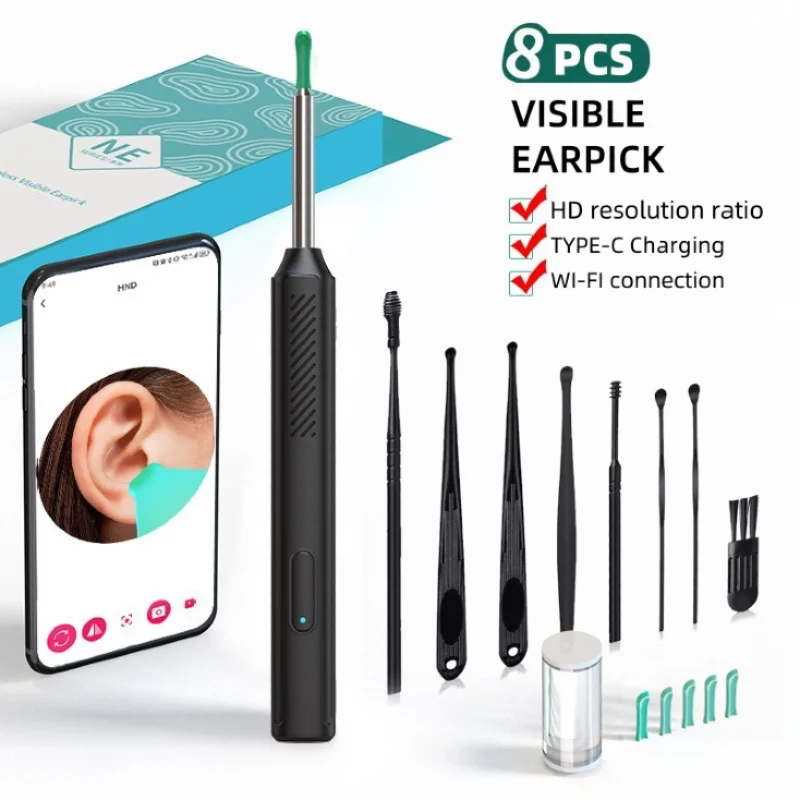 Ear Wax Removal Tool Set with Camera, Equipped with 6 Replacement Spoon Heads, 1080P HD, WIFI Connection, USB Fast Charging