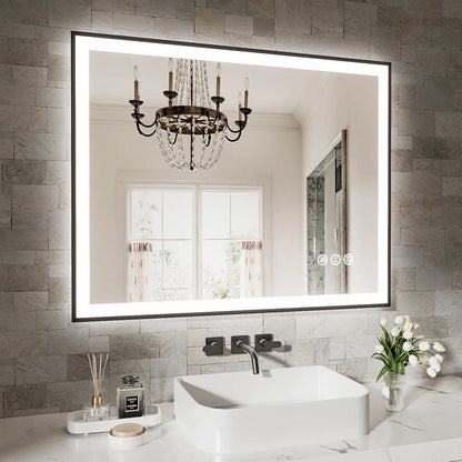 Smart Anti-Fog LED Bath Mirror with Backlight + Front Light, 3-Color and Brightness Adjustable, Memory, Wall Switche