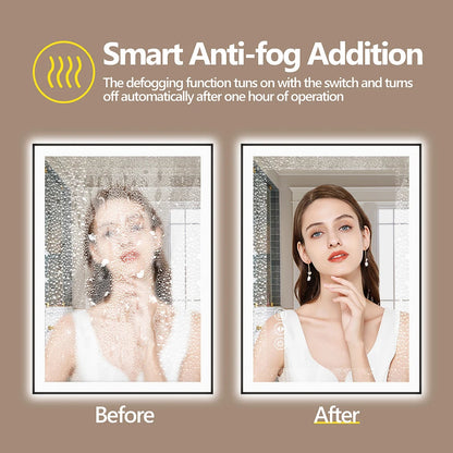 Smart Anti-Fog LED Bath Mirror with Backlight + Front Light, 3-Color and Brightness Adjustable, Memory, Wall Switche