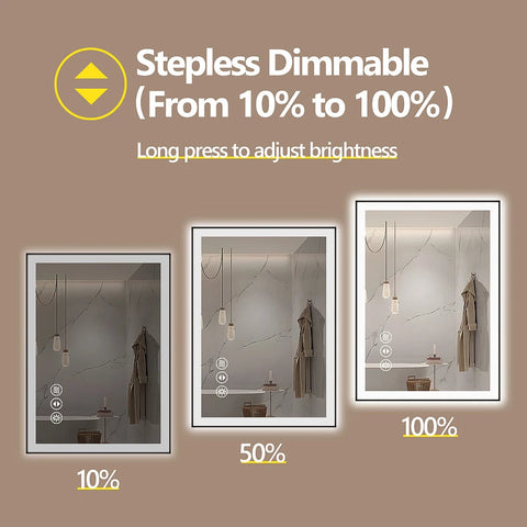Smart Anti-Fog LED Bath Mirror with Backlight + Front Light, 3-Color and Brightness Adjustable, Memory, Wall Switche