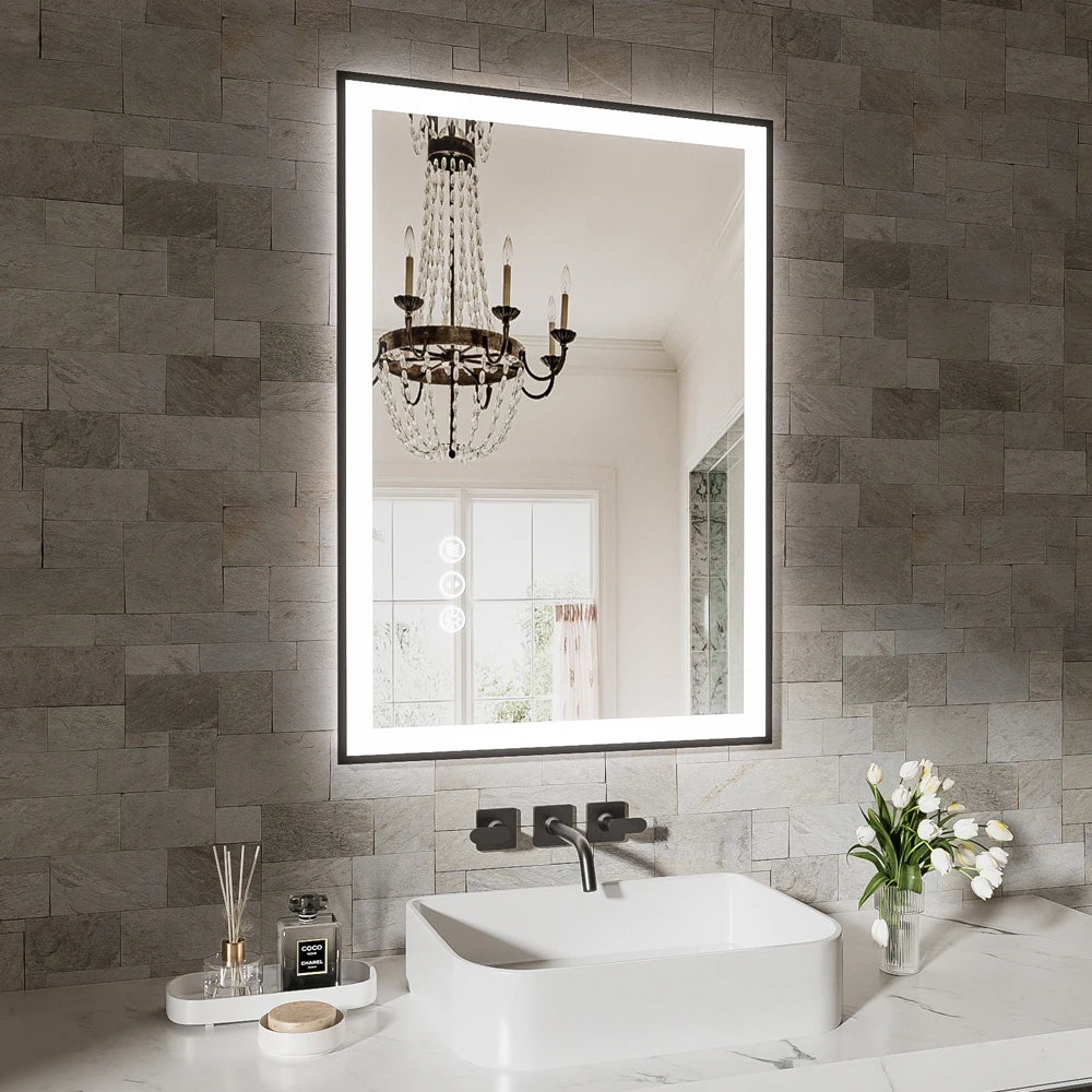 Smart Anti-Fog LED Bath Mirror with Backlight + Front Light, 3-Color and Brightness Adjustable, Memory, Wall Switche