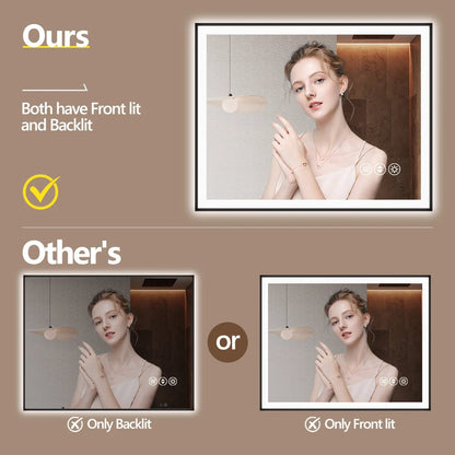 Smart Anti-Fog LED Bath Mirror with Backlight + Front Light, 3-Color and Brightness Adjustable, Memory, Wall Switche