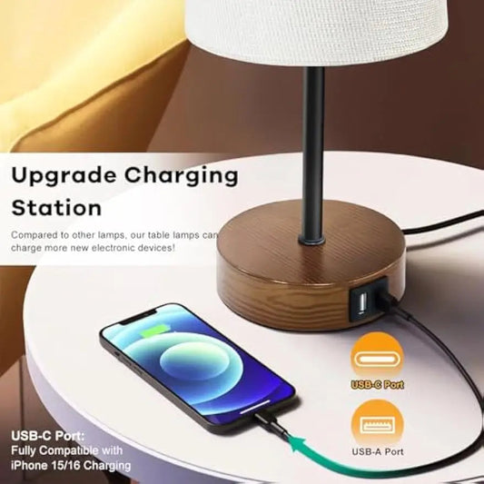 Dual Shade Table Lamp with USB-C and USB-A Charging Ports, 3 Way Dimmable Touch Bedside Lamp, Black Atmosphere Shade & White S