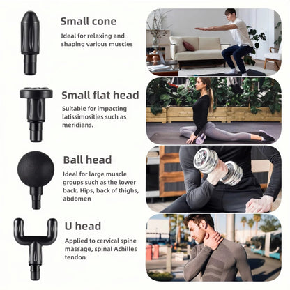 Portable Fascia Massage Gun Deep Tissue Mini Massager Body Muscle Relaxation with 4 Replaceable Massage Heads