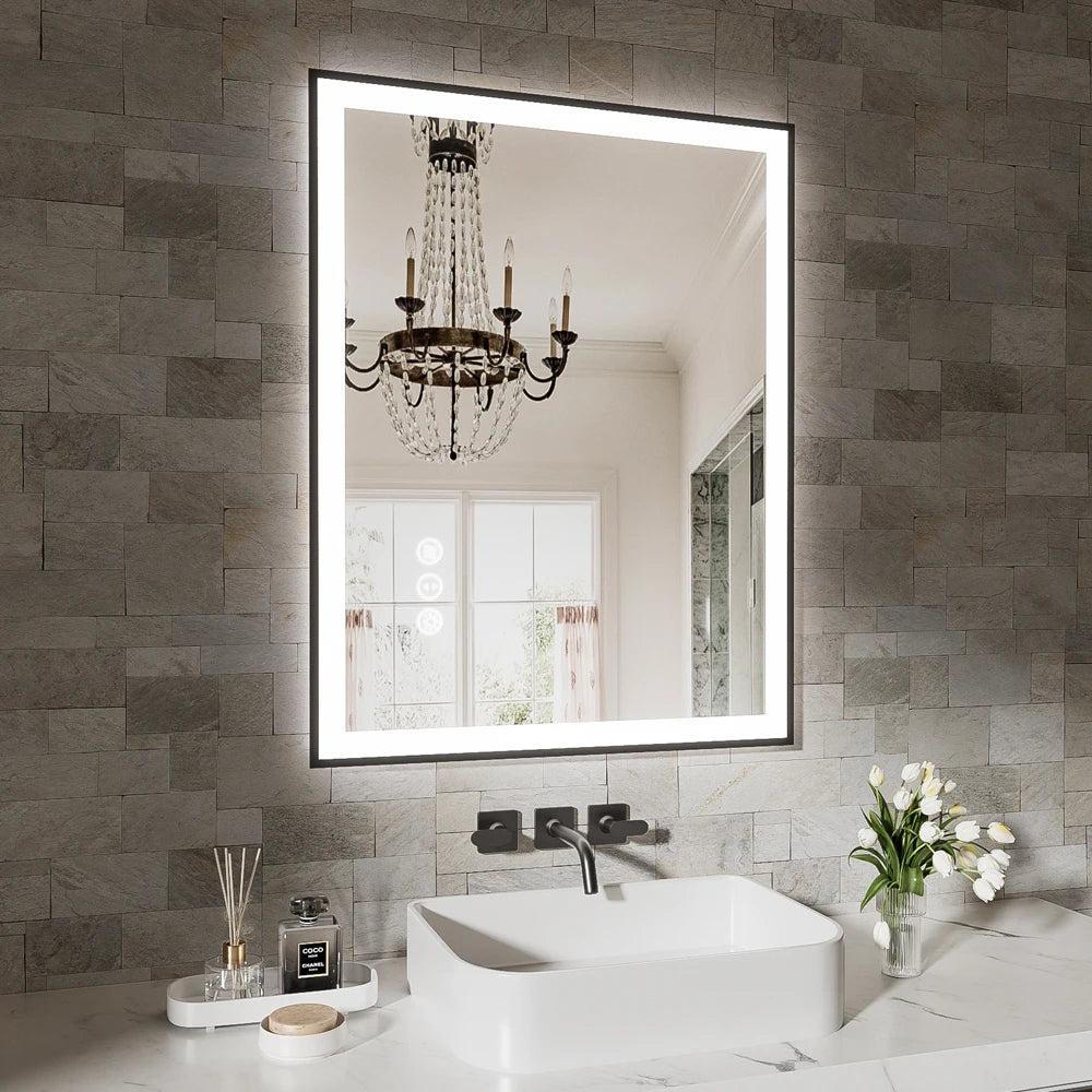 Smart Anti-Fog LED Bath Mirror with Backlight + Front Light, 3-Color and Brightness Adjustable, Memory, Wall Switche