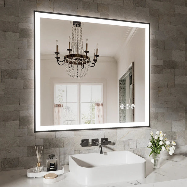 Smart Anti-Fog LED Bath Mirror with Backlight + Front Light, 3-Color and Brightness Adjustable, Memory, Wall Switche