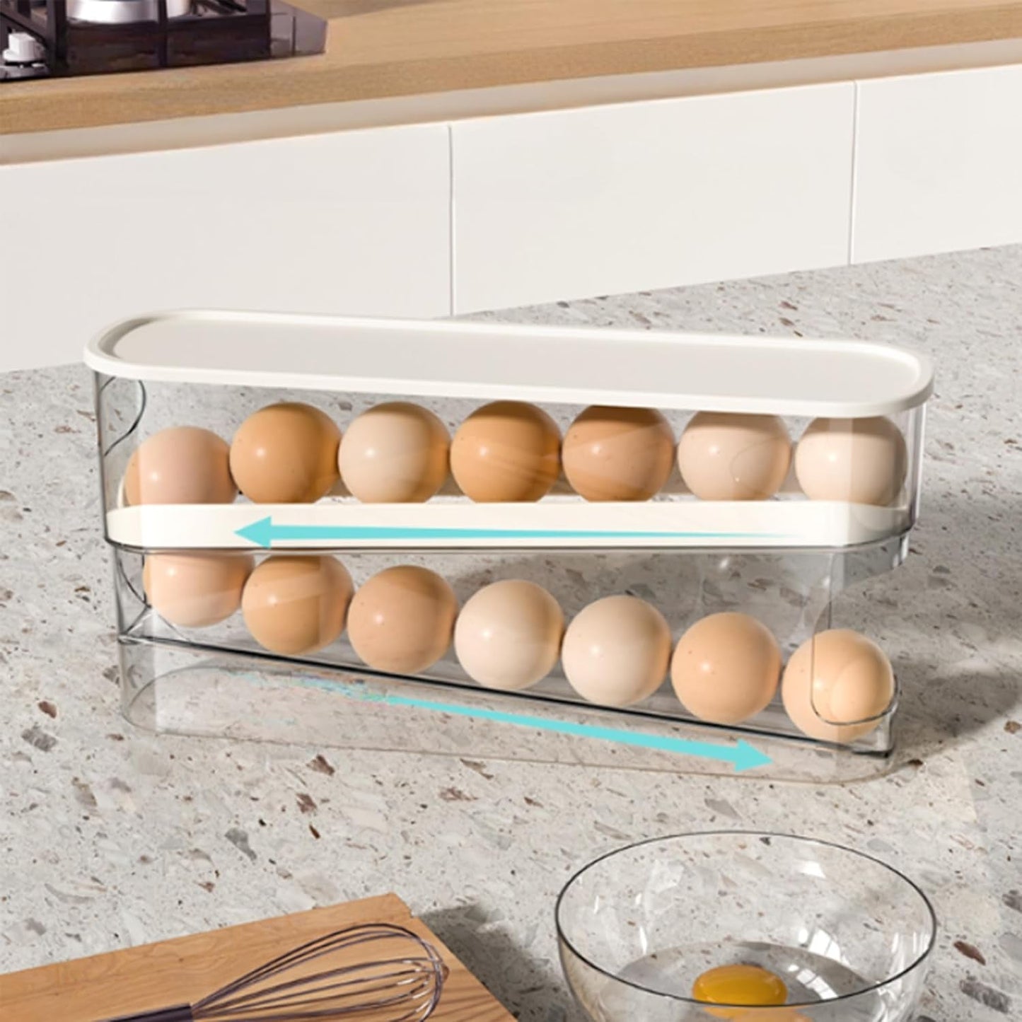 Auto Rolling Fridge Egg Organizer, Space Saving Eggs Dispenser for Refrigerator Storager with Lid,Egg Holder for Fridge 2 Pack