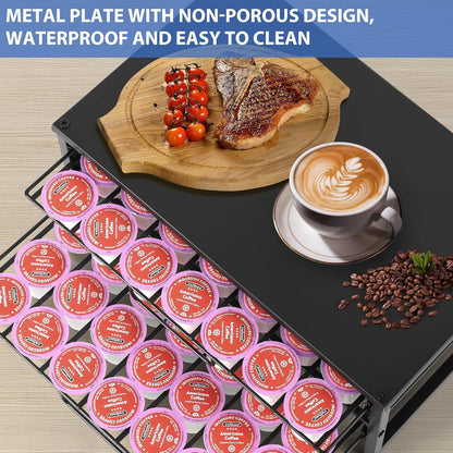 K Cup Holder Organizer for 70 Pods, 2-Tier Coffee Pod Holder for K-Cup with 2 Sliding Storage Drawers, Coffee Station Bar Organizer for Kitchen Countertop, Home & Office, Frosted Black