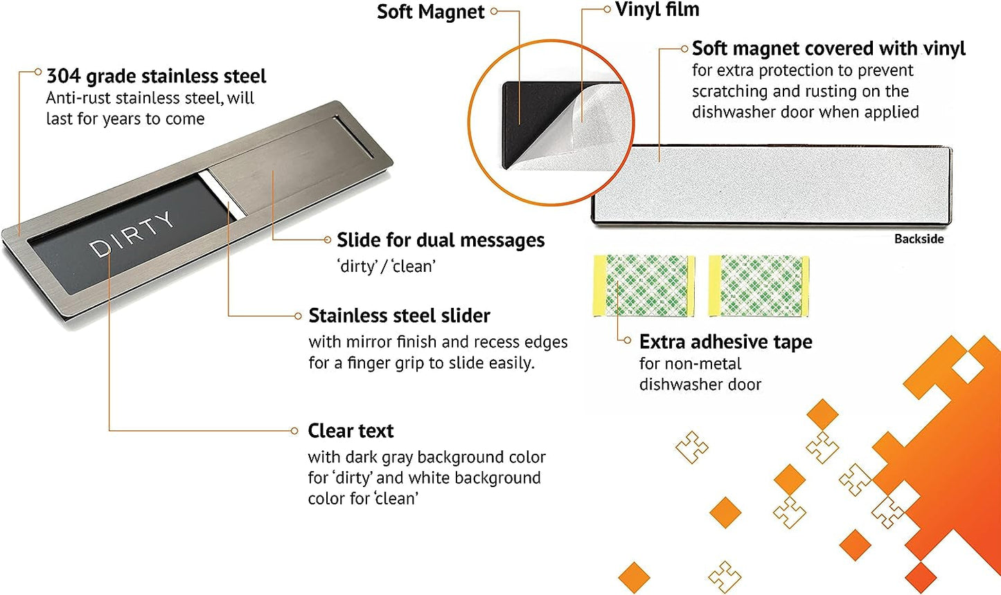 Dishwasher Magnet Clean Dirty Sign,  Premium Stainless Steel Grade 304, Kitchen Organizers and Storage Decor Accessories, Extra Adhesive Tapes Included.