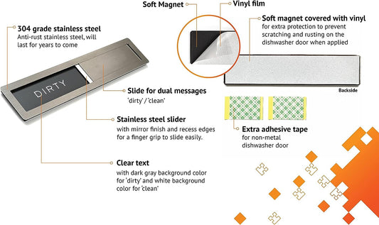 Dishwasher Magnet Clean Dirty Sign,  Premium Stainless Steel Grade 304, Kitchen Organizers and Storage Decor Accessories, Extra Adhesive Tapes Included.