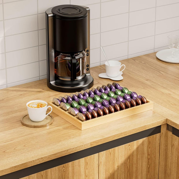 Bamboo Coffee Pod Storage Holder Drawer Insert for Counter Compatible Nespresso Vertuo Vertuoline Capsules for Kitchen, Home, Office, Coffee Station