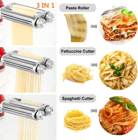 Pasta Maker Attachment 3 in 1 Set for Kitchenaid Mixers plus Hub Knob Screw Accessory Included Dough Sheet Roller, Spaghetti & Fettuccine Cutters and Cleaning Brush