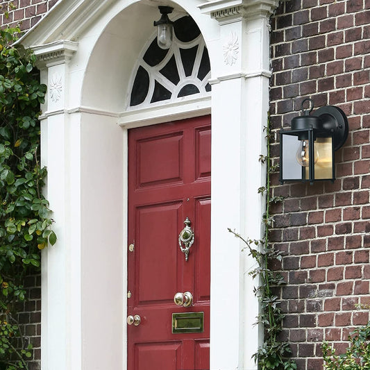 Preston Outdoor Light Fixture, 8 Inch, Exterior Wall Mount Lantern Sconce, Clear Glass Porch Lights for Front Door, Patio, and House Garage, Black, 1161-BK