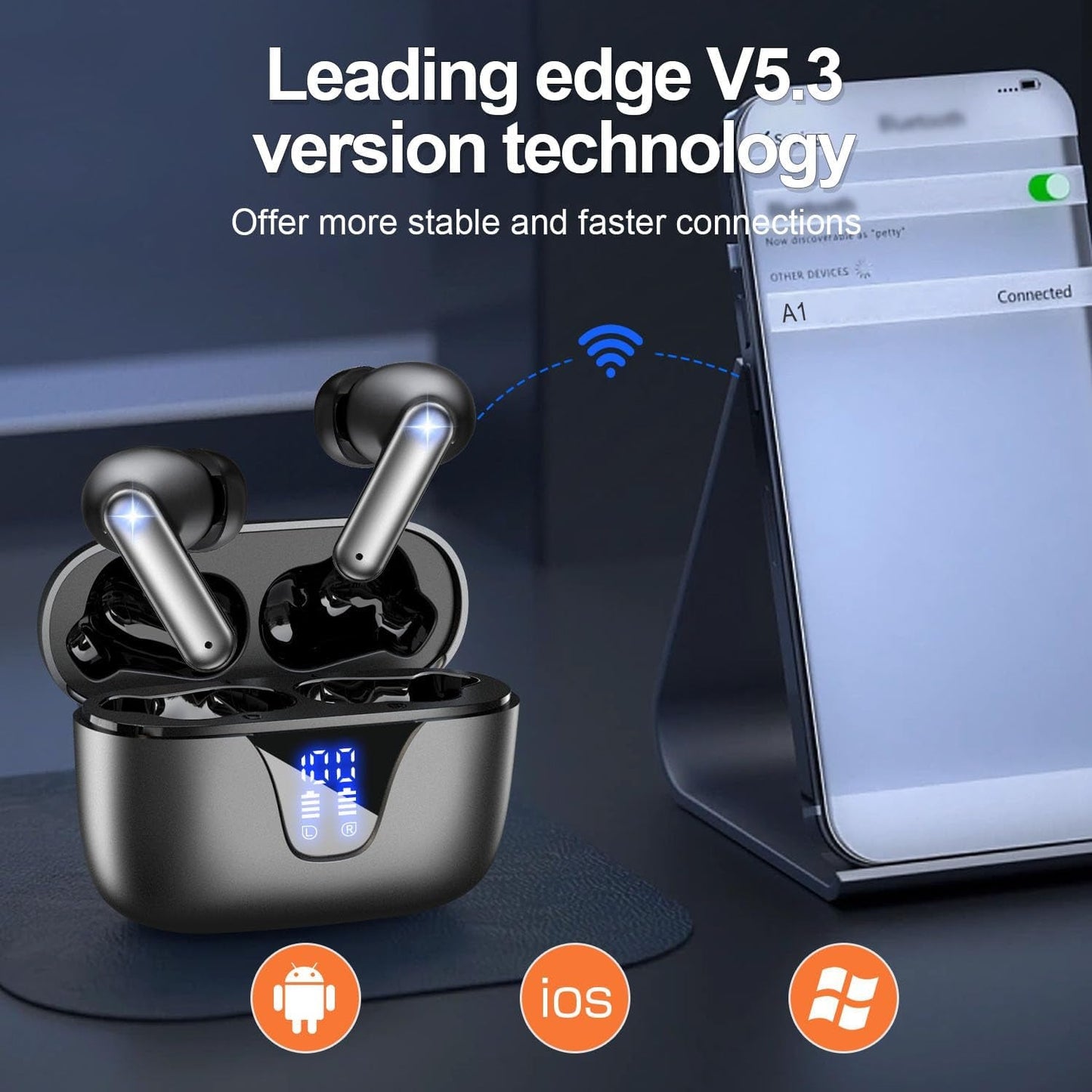 Wireless Earbuds, 2025 Bluetooth Headphones, 50Hrs Stereo Deep Bass Ear Buds with Power Display Charging Case, Buit in Mic, IPX5 Waterproof Headset for Iphone Andriod Phones