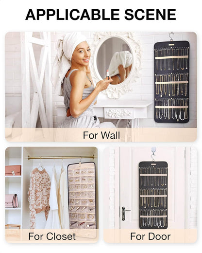 Hanging Jewelry Organizer Storage Roll with Hanger Metal Hooks Double-Sided Jewelry Holder for Earrings, Necklaces, Rings on Closet, Wall, Door, 1 Piece, Large, Black