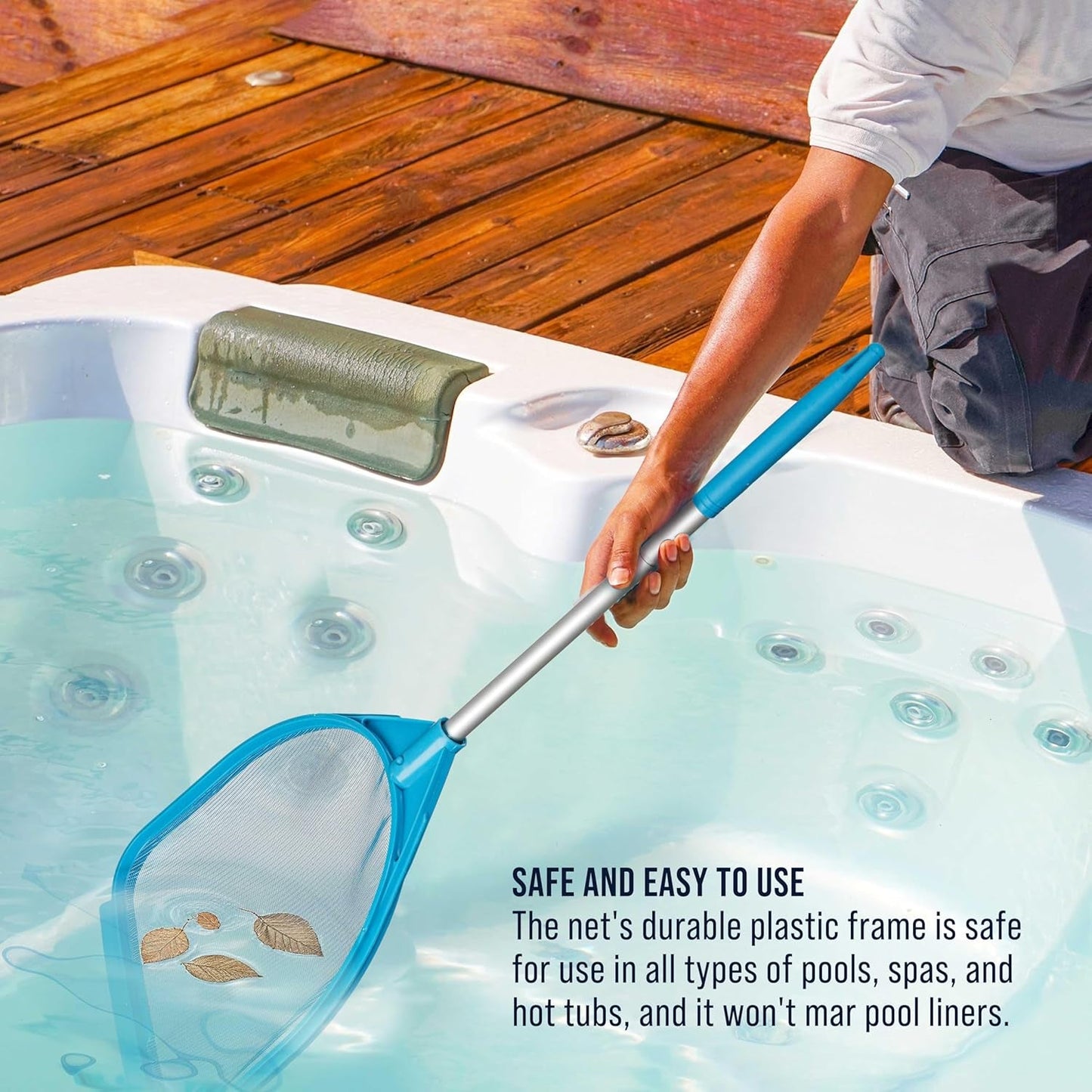 Pool and Spa Skimmer Net with Pole, Handheld Fine Mesh Pool Skimmer Net - Hand Held Spa, Hot Tub, Pond Cleaning - Step-Up 32" to 5 Feet Long, Leaf Netting, Scoop Skim Leaves & Debris