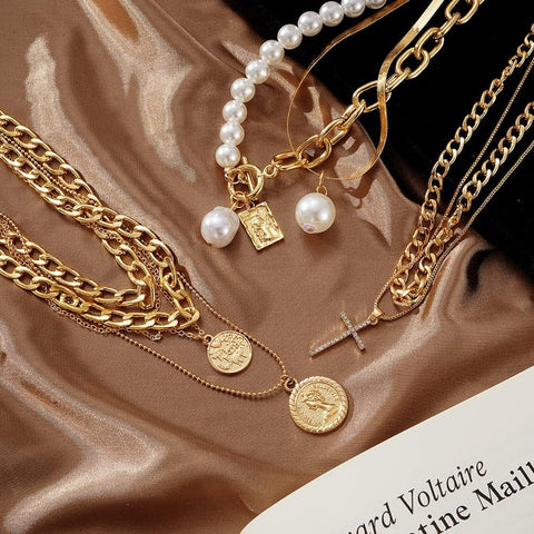 Gold Plated Jewelry Set for Women with Multi Layered Necklaces, Stackable Bracelets, Knuckle Rings, Hoop Earrings Sets, Fashion Outfit Accessories Jewelry Packs, Gifts for Women