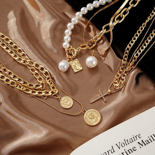 Gold Plated Jewelry Set for Women with Multi Layered Necklaces, Stackable Bracelets, Knuckle Rings, Hoop Earrings Sets, Fashion Outfit Accessories Jewelry Packs, Gifts for Women