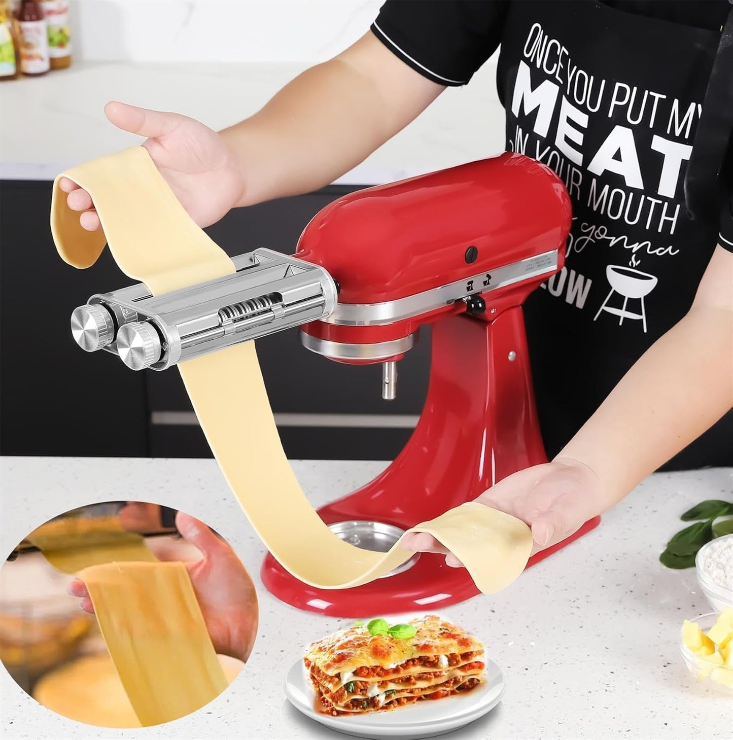 Pasta Maker Attachment 3 in 1 Set for Kitchenaid Mixers plus Hub Knob Screw Accessory Included Dough Sheet Roller, Spaghetti & Fettuccine Cutters and Cleaning Brush