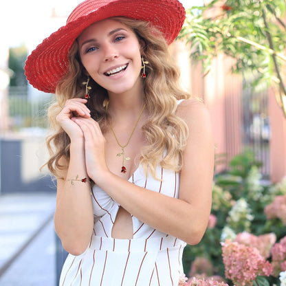 18K Gold Plated Jewelry Set Rose Necklace Bracelet Earrings Red Rose Flower Pendant for Christmas Gift Women