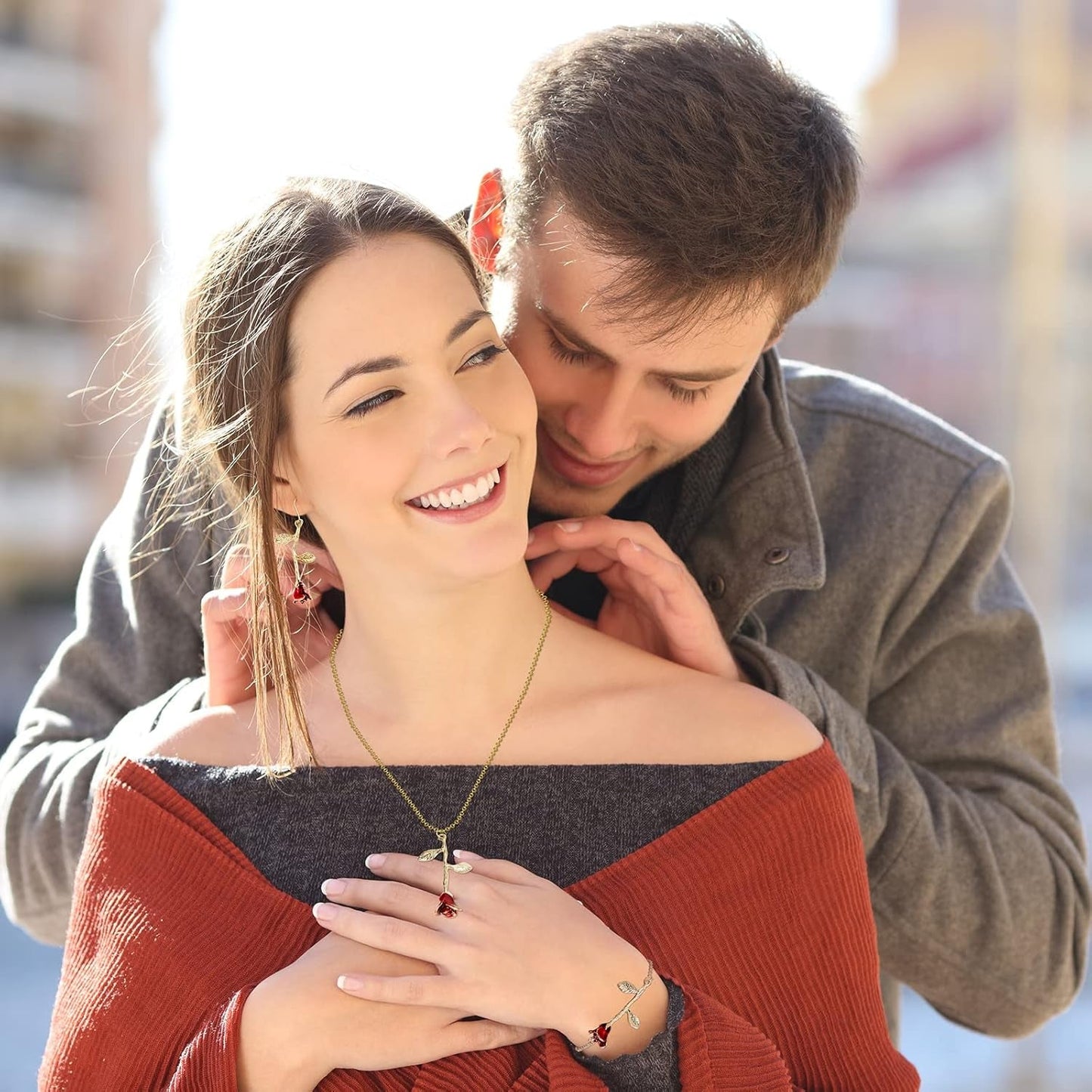 18K Gold Plated Jewelry Set Rose Necklace Bracelet Earrings Red Rose Flower Pendant for Christmas Gift Women