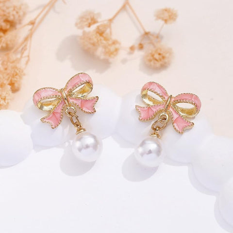 Gold Pearl Bow Earrings for Women Trendy Pink Coquette Drop Stud Ribbon Silver Earrings Dangle Jewelry - Unique Gifts for Wife Preppy Cute Teen Accessories 2025