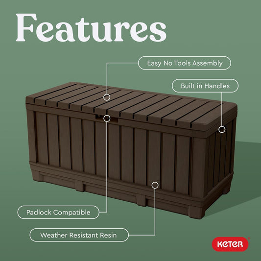 Kentwood 92 Gallon Resin Deck Box-Organization and Storage for Patio Storage Box Outdoor Cushions, Throw Pillows, Garden Tools and Pool Floats, Brown