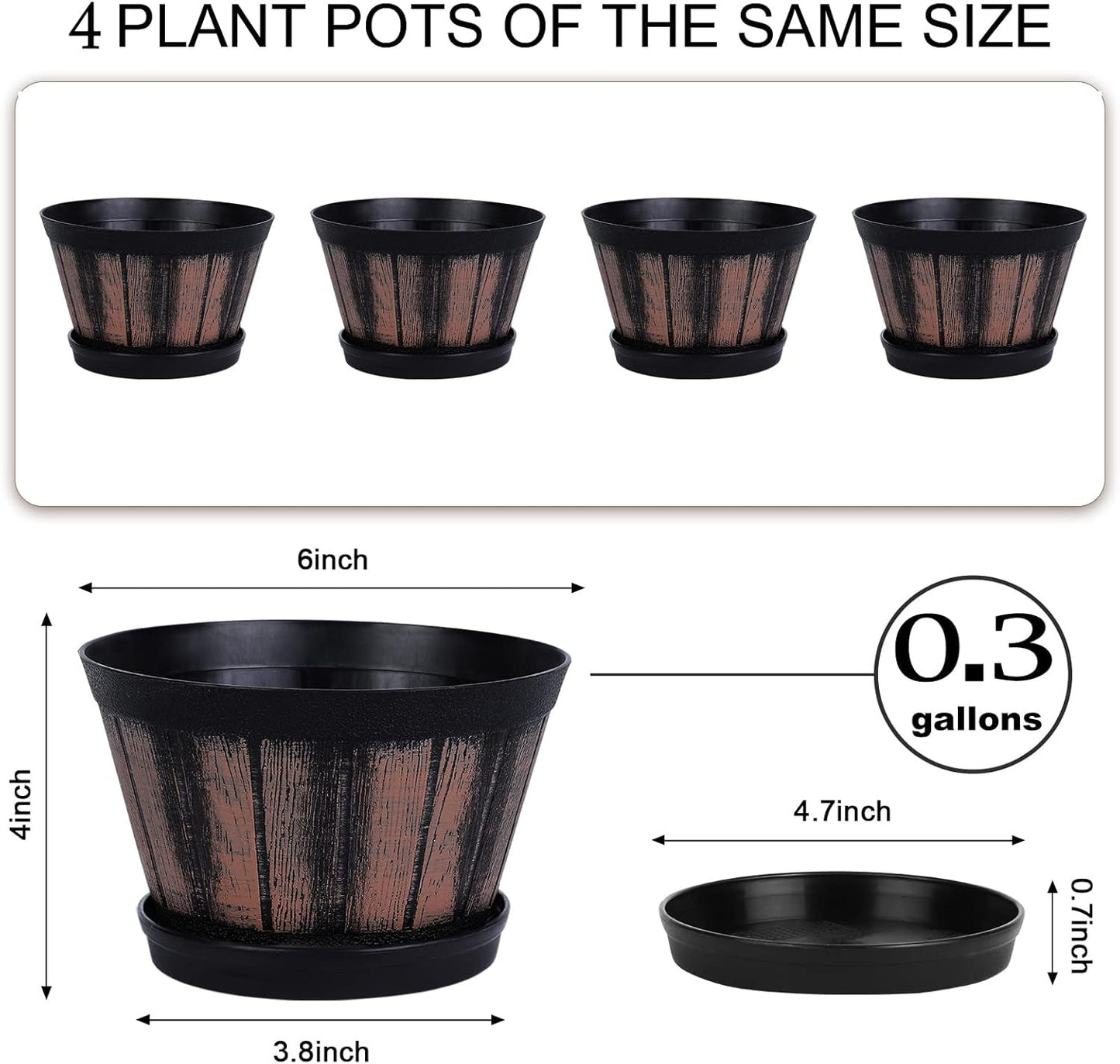 6 Inch Brown Barrel Planters with Drainage Holes & Saucer, Set of 4, Indoor & Outdoor Garden Home Plants