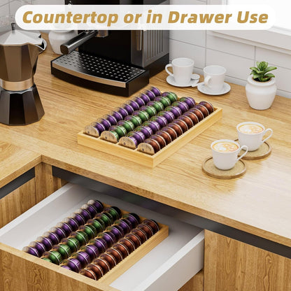 Bamboo Coffee Pod Storage Holder Drawer Insert for Counter Compatible Nespresso Vertuo Vertuoline Capsules for Kitchen, Home, Office, Coffee Station