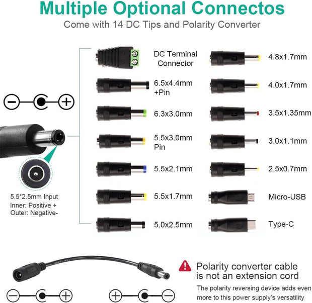 Universal Power Supply 3V~24V 3A 72W Adjustable Variable 3V 5V 9V 12V 18V 20V 24V AC/DC Adapter Charger, 100V-240V AC to DC Converter with 14 Tips, Polarity Converter and 4-Way Power Splitter Cable