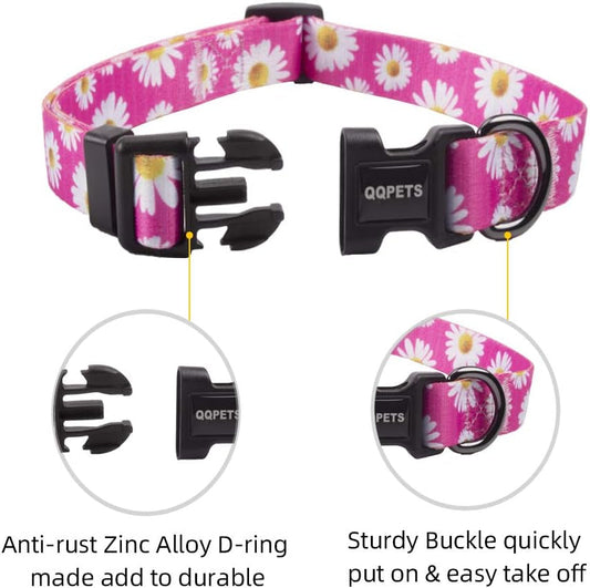 Adjustable Soft Dog Collar: Print Flower Pink Multicolor Cute Patterns for XS Small Medium Large Pet Girl Boy Puppy Walking Running Training (S, Small Daisies)