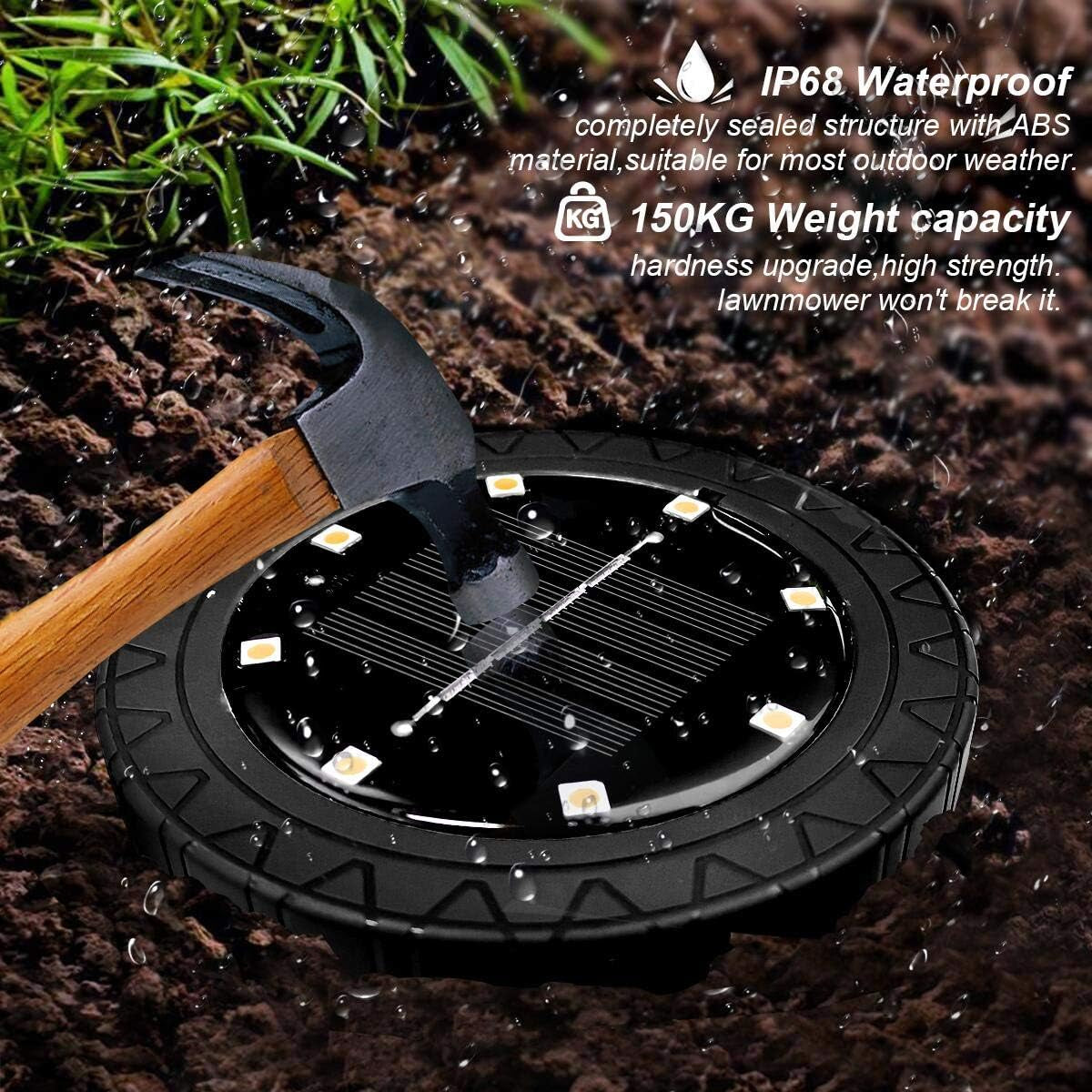 Solar Powered 8 Pack Outdoor LED Disk Lights - IP68 Waterproof, Non-Slip, Wear-Resistant Pathway Lights (Warm White)