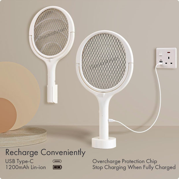 Rotating Head Electric Fly Swatter Racket Rechargeable Bug Zapper Racket Bug Zapper Indoor Fly Zapper Mosquito Zapper Flies Killer for Indoors, with a Telescopic Extension