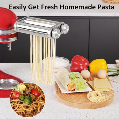 Pasta Maker Attachment 3 in 1 Set for Kitchenaid Mixers plus Hub Knob Screw Accessory Included Dough Sheet Roller, Spaghetti & Fettuccine Cutters and Cleaning Brush