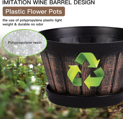6 Inch Brown Barrel Planters with Drainage Holes & Saucer, Set of 4, Indoor & Outdoor Garden Home Plants