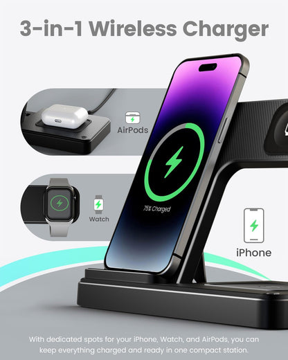 Wireless Charger Iphone Charging Station: 3 in 1 Charger Stand Multiple Devices for Apple - Iphone 16E 16 15 14 Pro Max 13 12 11 - Watch 10 9 8 7 6 5 4 3 2 SE and Ultra Series - Airpods 4 3 2 Pro