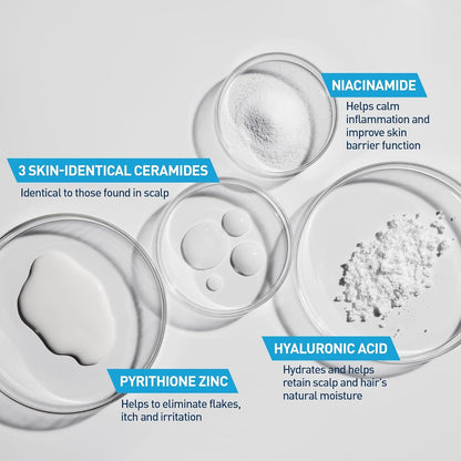 Hydrating anti Dandruff Shampoo, 1% Pyrithione Zinc Dandruff Treatment with Ceramides, Niacinamide & Hyaluronic Acid, Helps Eliminate Flakes & Provides Itchy Scalp Relief, Sulfate Free, 12 Oz