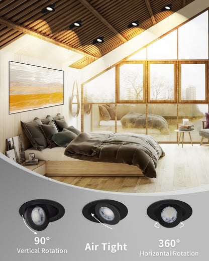 4 Inch 5CCT Gimbal Black Led Recessed Lights, 360°+90° Adjustable Directional Recessed Lighting, 2700K/3000K/3500K/4000K/5000K Dimmable Retrofit Eyeball Can Lights with Jbox, Etl（Black, 6 Pack）