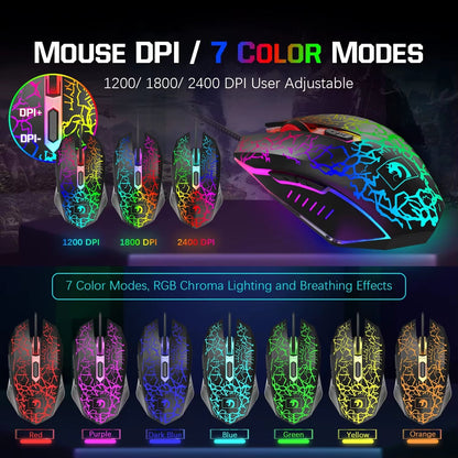 MANBASNAKE T11 Wired Gaming Keyboard and Mouse Headset Combo,Rainbow LED Backlit Wired Keyboard
